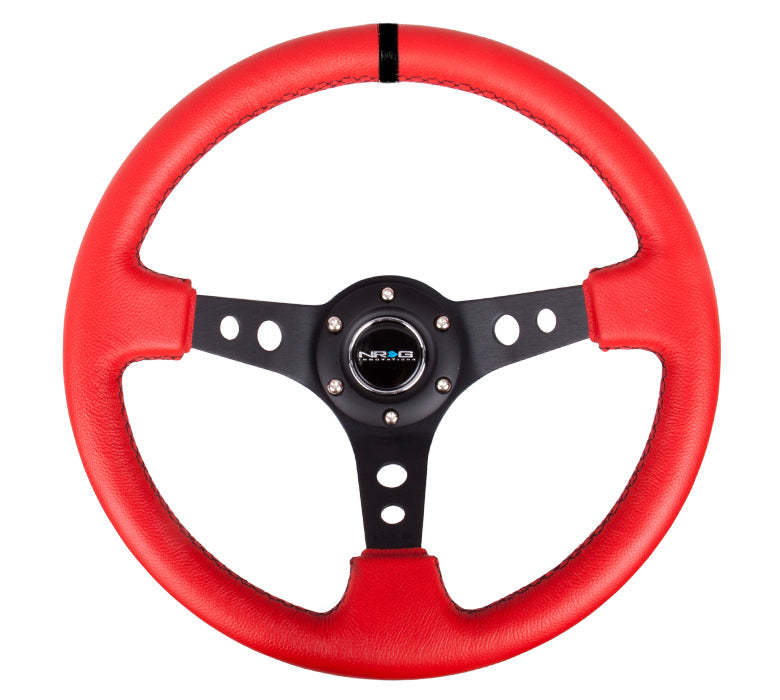 NRG Reinforced Steering Wheel (350mm / 3in. Deep) Red Leather/Blk Stitch w/Blk Spokes (Hole Cutouts)