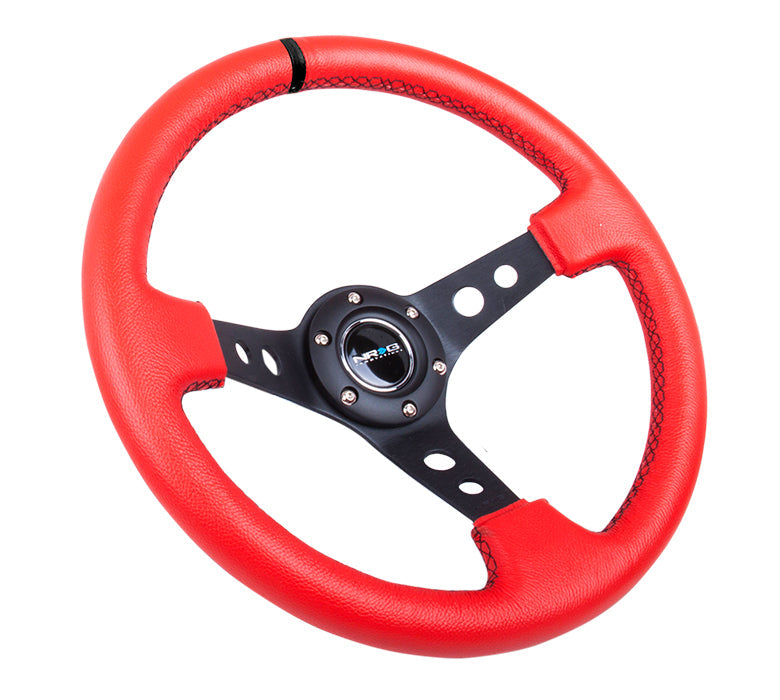 NRG Reinforced Steering Wheel (350mm / 3in. Deep) Red Leather/Blk Stitch w/Blk Spokes (Hole Cutouts) - 0