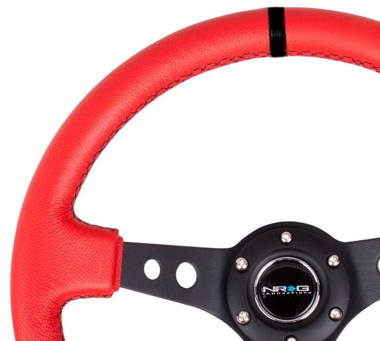 NRG Reinforced Steering Wheel (350mm / 3in. Deep) Red Leather/Blk Stitch w/Blk Spokes (Hole Cutouts)