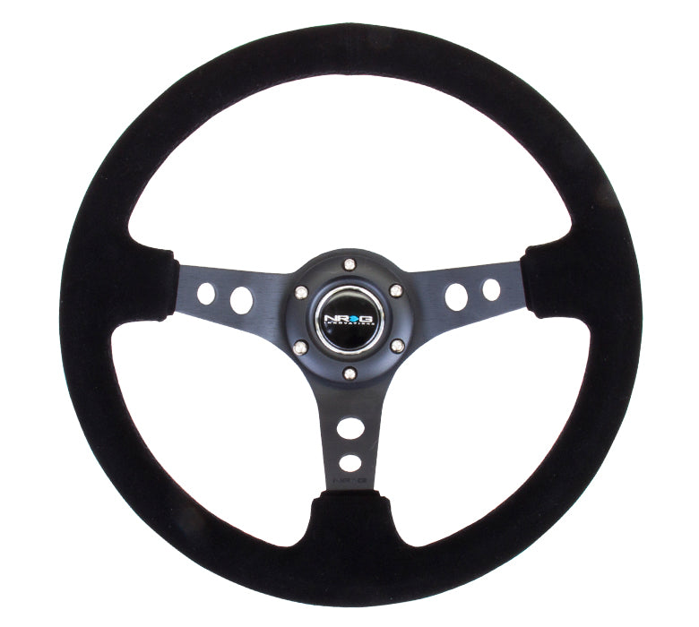 NRG Reinforced Steering Wheel (350mm / 3in. Deep) Blk Suede/Blk Stitch w/Black Circle Cutout Spokes