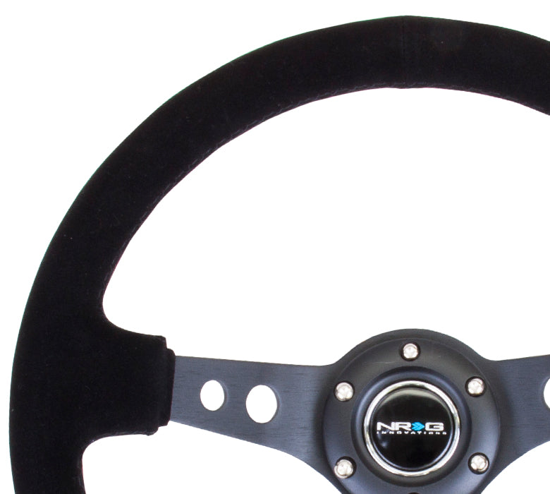 NRG Reinforced Steering Wheel (350mm / 3in. Deep) Blk Suede/Blk Stitch w/Black Circle Cutout Spokes