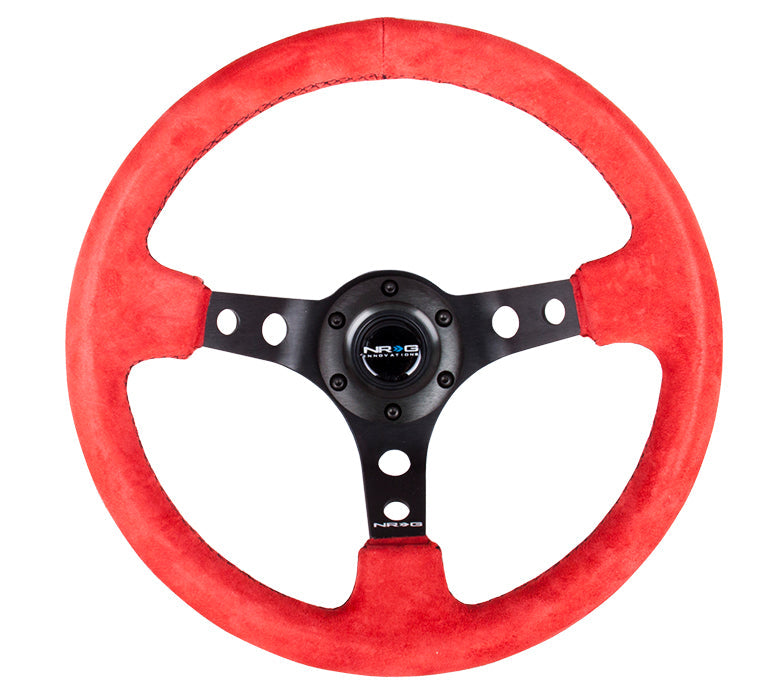 NRG Reinforced Steering Wheel (350mm / 3in. Deep) Red Suede w/Blk Circle Cutout Spokes