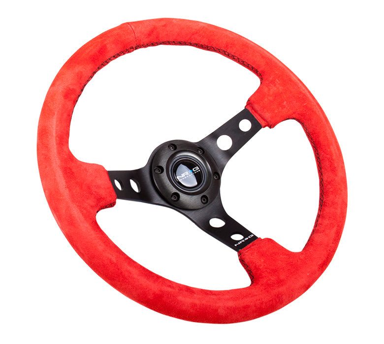 NRG Reinforced Steering Wheel (350mm / 3in. Deep) Red Suede w/Blk Circle Cutout Spokes - 0