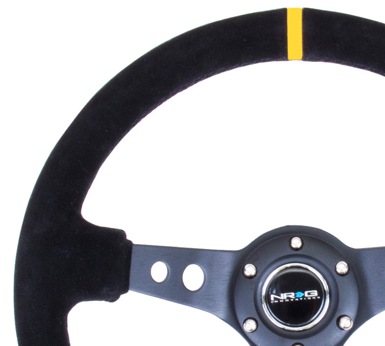 NRG Reinforced Steering Wheel (350mm / 3in. Deep) Blk Suede w/Circle Cut Spokes & Single Yellow CM - 0