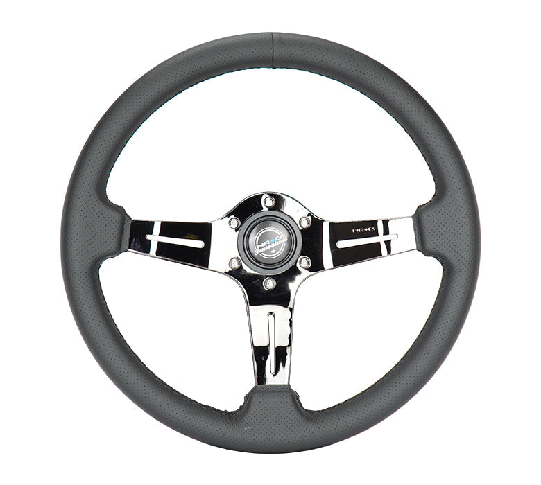 NRG Light Weight Gaming Steering Wheel - 350mm 3 Black Chrome Spokes Perforated Leather