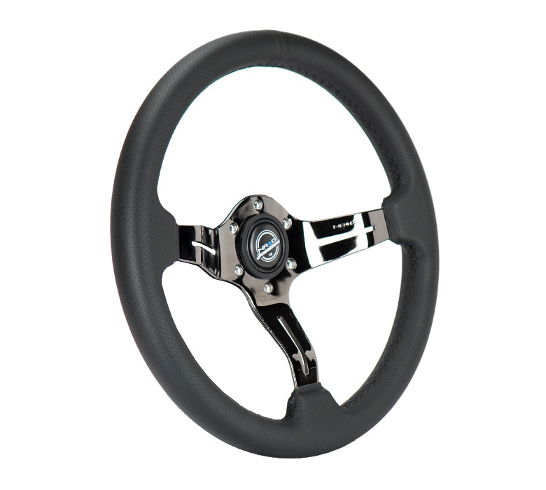 NRG Light Weight Gaming Steering Wheel - 350mm 3 Black Chrome Spokes Perforated Leather - 0