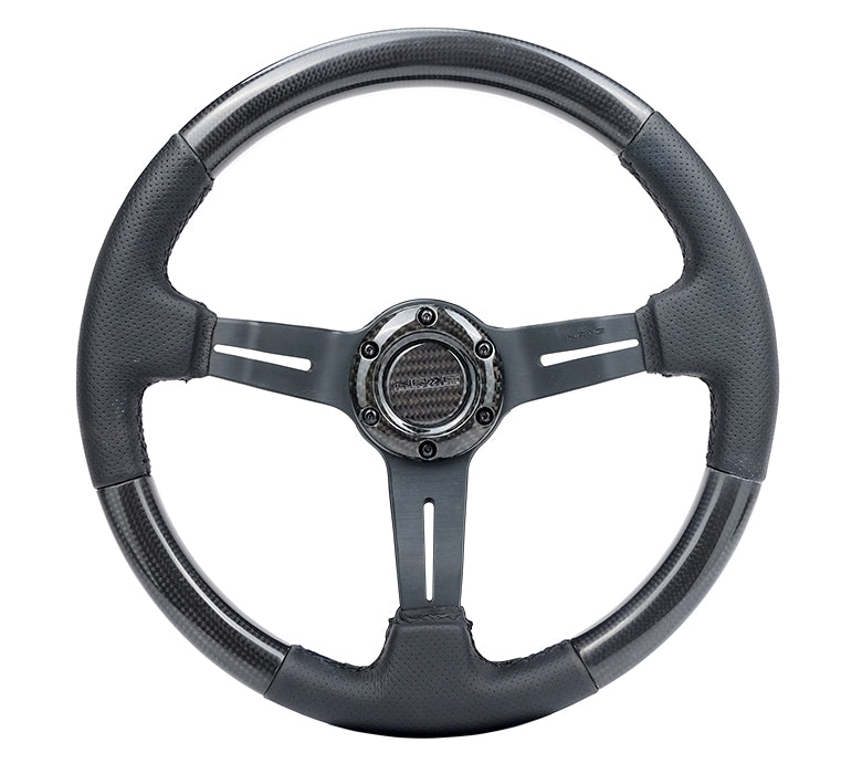 NRG Carbon Fiber Steering Wheel (350mm / 1.5in. Deep) Leather Trim w/Blk Stitch & Slit Cutout Spokes