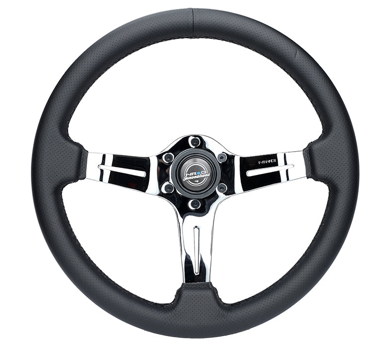 NRG Light Weight Gaming Steering Wheel - Splitz Chrome Silver Spokes Perforated Leather