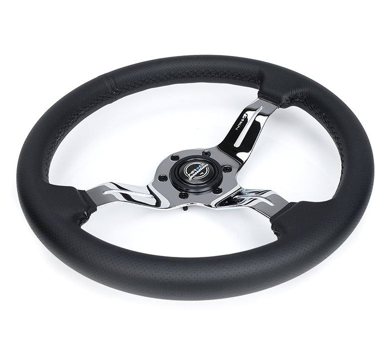 NRG Light Weight Gaming Steering Wheel - Splitz Chrome Silver Spokes Perforated Leather - 0