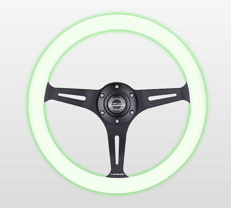 NRG Classic Wood Grain Steering Wheel (350mm) Glow-N-The-Dark Green Grip w/Black 3-Spoke Center