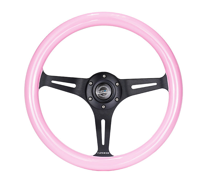 NRG Classic Wood Grain Steering Wheel (350mm) Solid Pink Painted Grip w/Black 3-Spoke Center