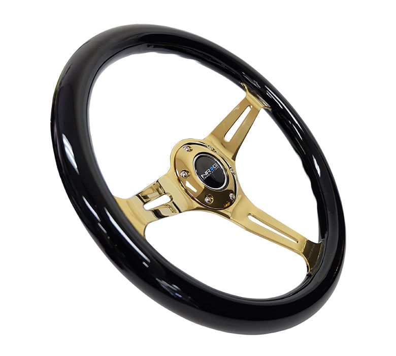 NRG Classic Wood Grain Steering Wheel (350mm) Black Grip w/Chrome Gold 3-Spoke Center - 0