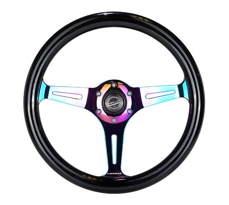 NRG Classic Wood Grain Steering Wheel (350mm) Black Paint Grip w/Neochrome 3-Spoke Center