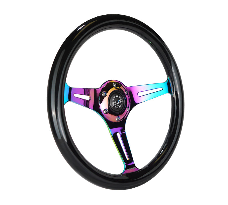 NRG Classic Wood Grain Steering Wheel (350mm) Black Paint Grip w/Neochrome 3-Spoke Center - 0