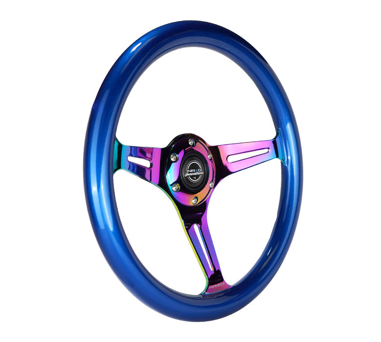 NRG Classic Wood Grain Steering Wheel (350mm) Blue Pearl/Flake Paint w/Neochrome 3-Spoke Center - 0