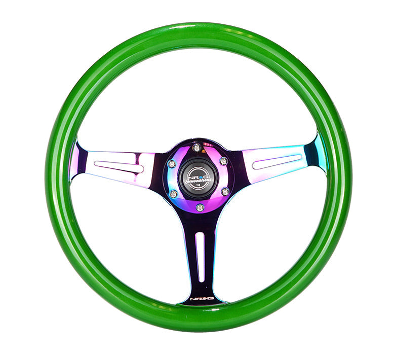 NRG Classic Wood Grain Steering Wheel (350mm) Green Pearl/Flake Paint w/Neochrome 3-Spoke Center