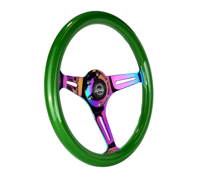 NRG Classic Wood Grain Steering Wheel (350mm) Green Pearl/Flake Paint w/Neochrome 3-Spoke Center - 0