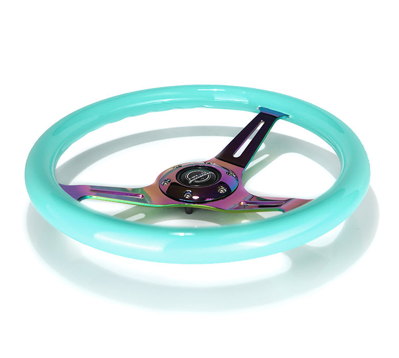 NRG Classic Wood Grain Steering Wheel (350mm) Minty Fresh Color w/Neochrome 3-Spoke Center - 0