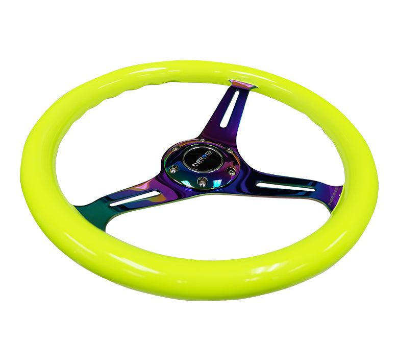 NRG Classic Wood Grain Steering Wheel (350mm) Neon Yellow Color w/Neochrome Spokes - 0