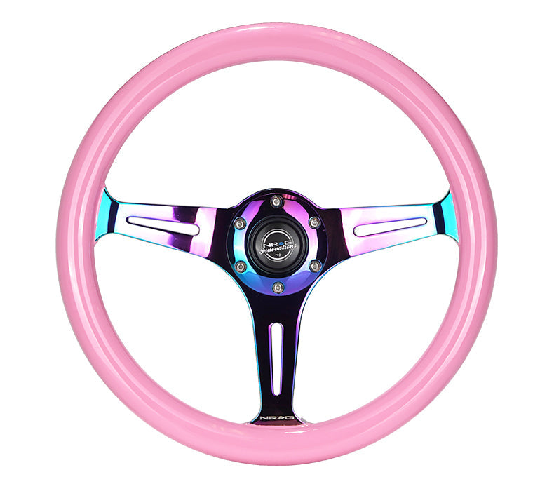 NRG Classic Wood Grain Steering Wheel (350mm) Solid Pink Painted Grip w/Neochrome 3-Spoke Center