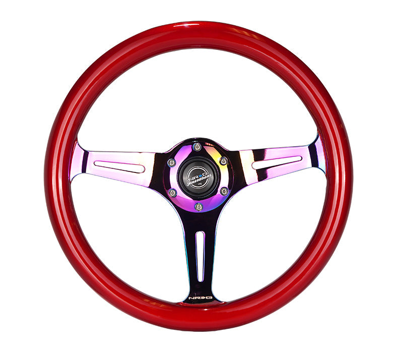 NRG Classic Wood Grain Steering Wheel (350mm) Red Grip w/Neochrome 3-Spoke Center