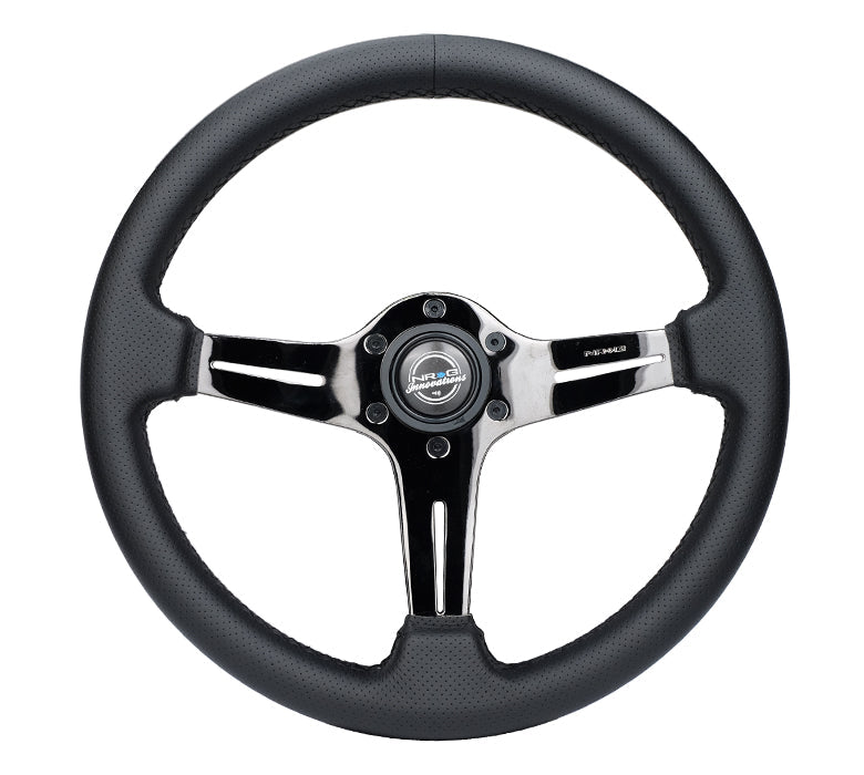 NRG Light Weight Gaming Steering Wheel - 350mm 3 Black Chrome Silver Spokes Perforated Leather