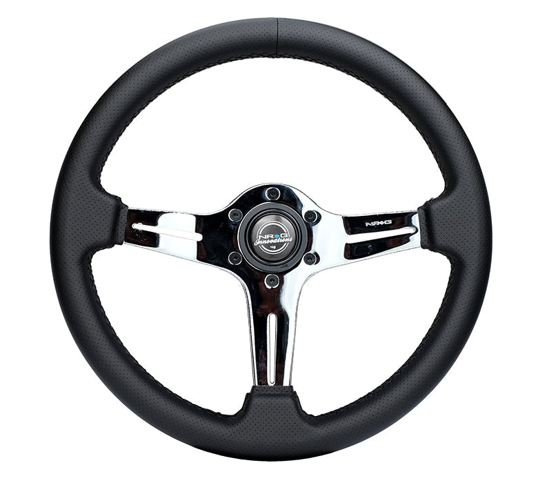 NRG Light Weight Gaming Steering Wheel - 350mm 3 Chrome Silver Spokes Perforated Leather