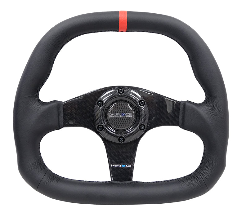 NRG Carbon Fiber Steering Wheel (320mm) Black CF Center w/Black Stitch Red Center Mark Flat Bottom