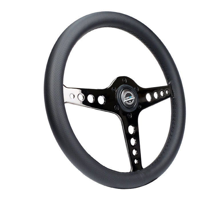 NRG Light Weight Gaming Steering Wheel - Driftz 350mm 3 Black Chrome Spokes Perforated Leather - 0