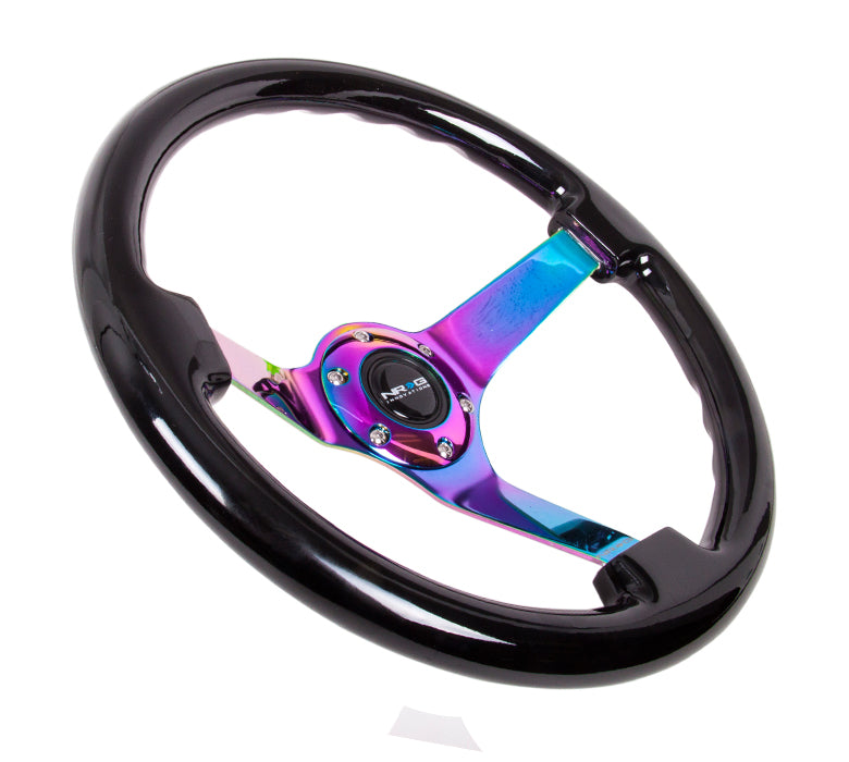 NRG Reinforced Steering Wheel (350mm / 3in Deep) Classic Blk Wood Grain w/Neochrome 3-Spoke Center - 0