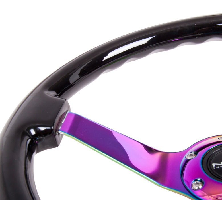 NRG Reinforced Steering Wheel (350mm / 3in Deep) Classic Blk Wood Grain w/Neochrome 3-Spoke Center