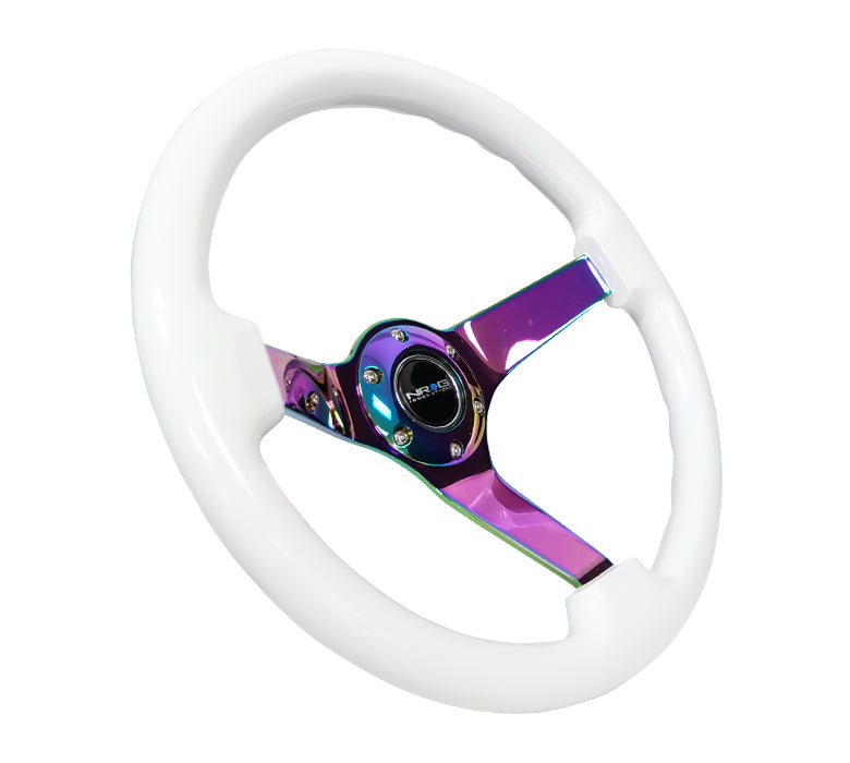 NRG Reinforced Steering Wheel (350mm / 3in. Deep) Classic White w/4mm Neochrome Solid 3-Spoke - 0