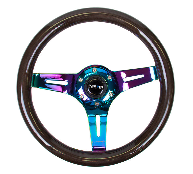 NRG Classic Wood Grain Steering Wheel (310mm) Dark Wood & Black Line Inlay w/Neochrome 3-Spoke Ctr.