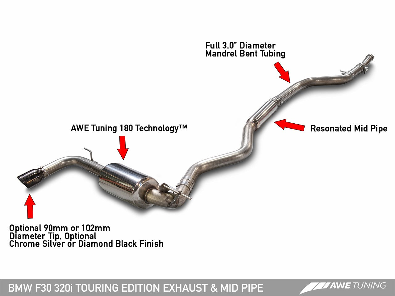 AWE Touring Edition Exhaust + Performance Mid Pipe for BMW F30 320i, Single Side - Diamond Black Tip (102mm)