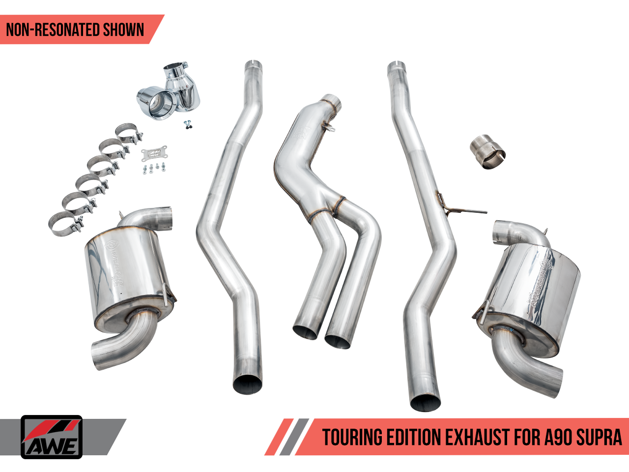 AWE Non-Resonated Touring Edition Exhaust for A90 Supra - 5" Chrome Silver Tips