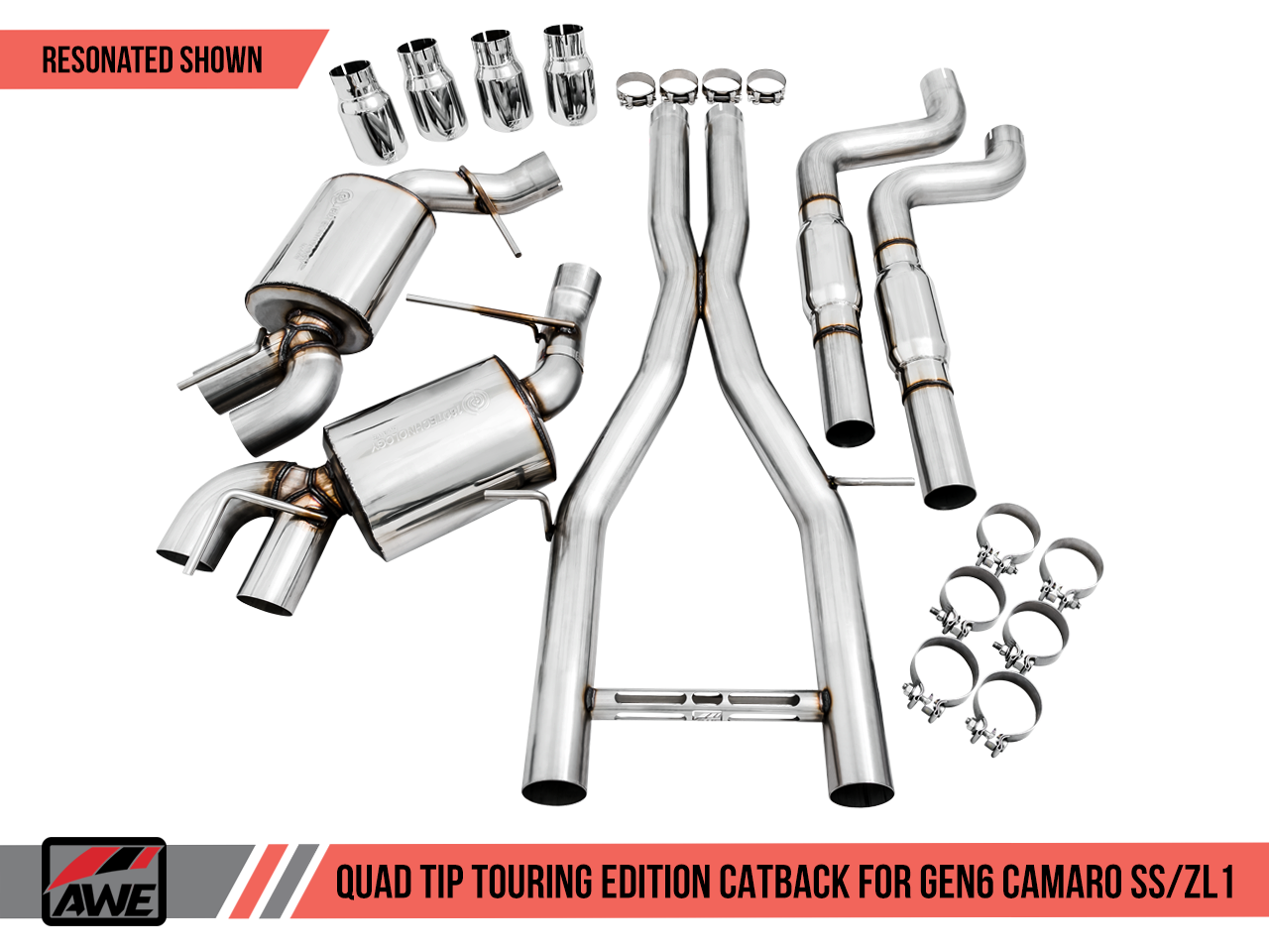 AWE Touring Edition Catback Exhaust for Gen6 Camaro SS / ZL1 - Resonated - Chrome Silver Tips (Quad Outlet)