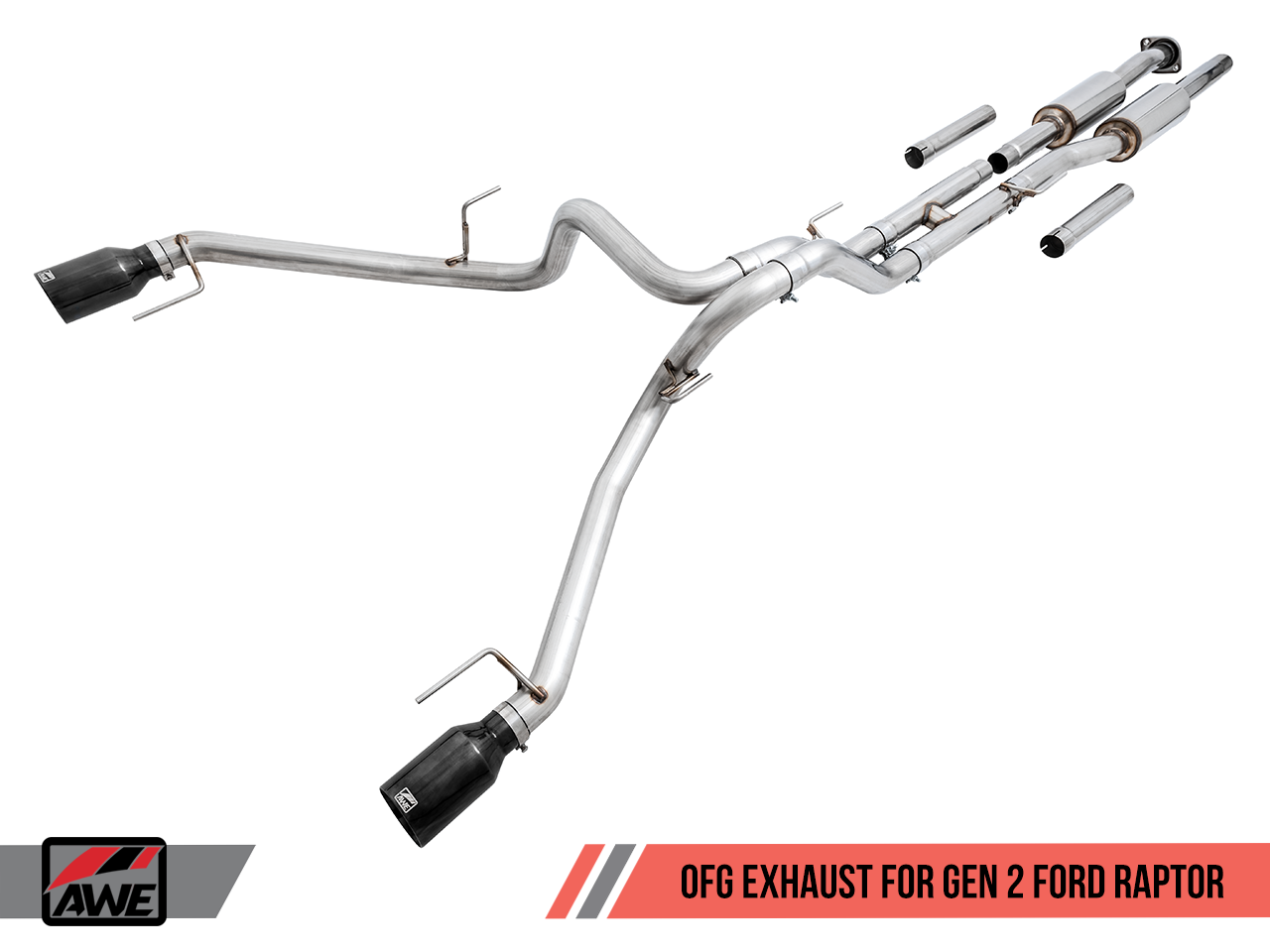 AWE 0 FG Exhaust for Gen 2 Ford Raptor (Resonated Peformance Cat-back) - Diamond Black 5" Tips