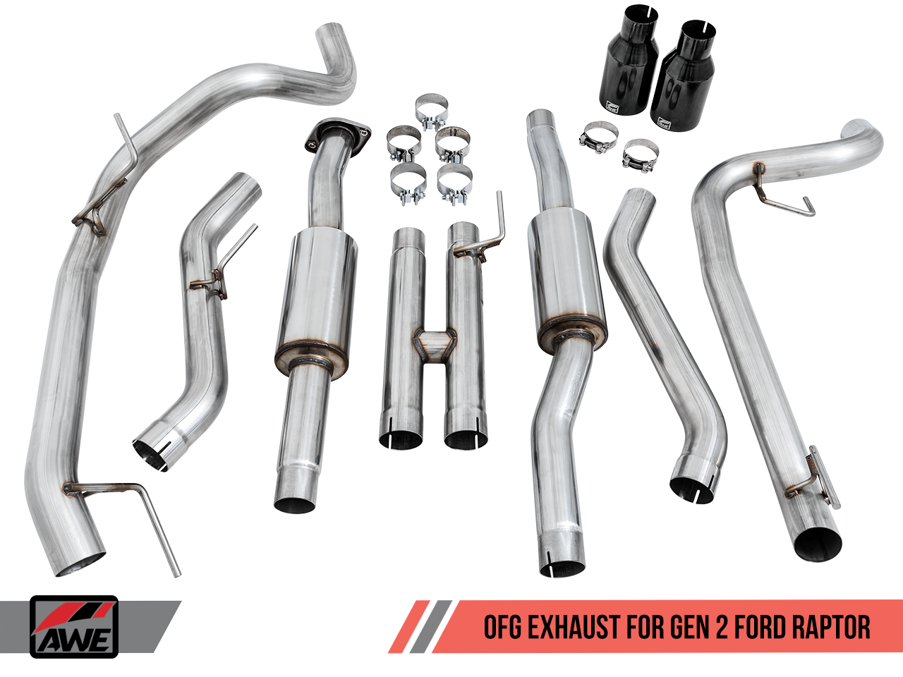 AWE 0 FG Exhaust for Gen 2 Ford Raptor (Resonated Peformance Cat-back) - Diamond Black 5" Tips