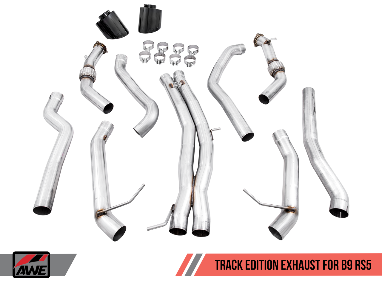 AWE Track Edition Exhaust for Audi B9 RS 5 - Resonated for Performance Catalysts - Diamond Black RS-style Tips