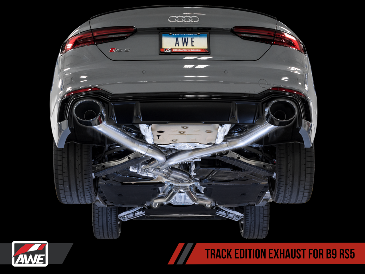 AWE Track Edition Exhaust for Audi B9 RS 5 - Resonated for Performance Catalysts - Diamond Black RS-style Tips