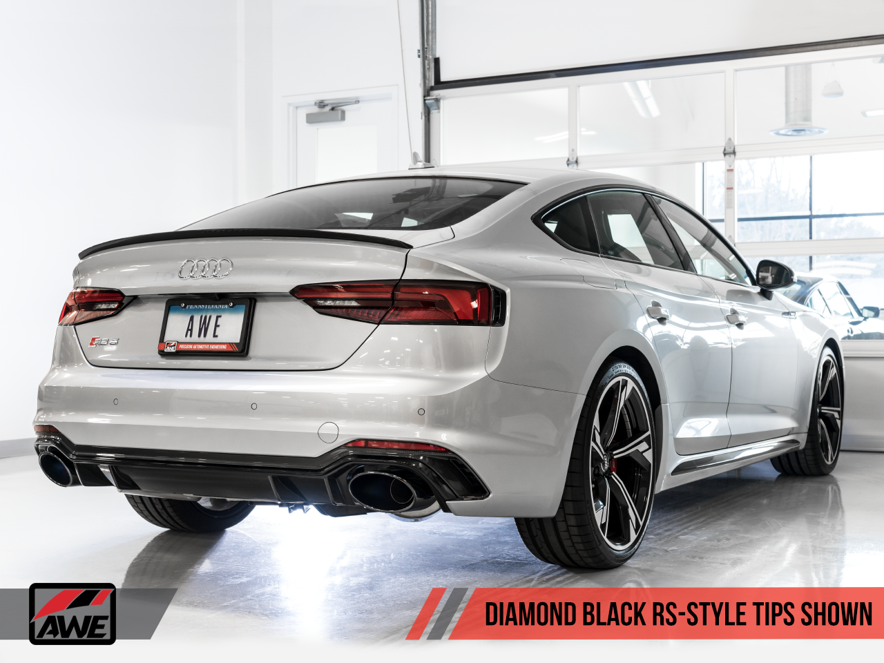 AWE Track Edition Exhaust for Audi B9 RS 5 Sportback - Resonated for Performance Catalysts - Diamond Black RS-style Tips - 0