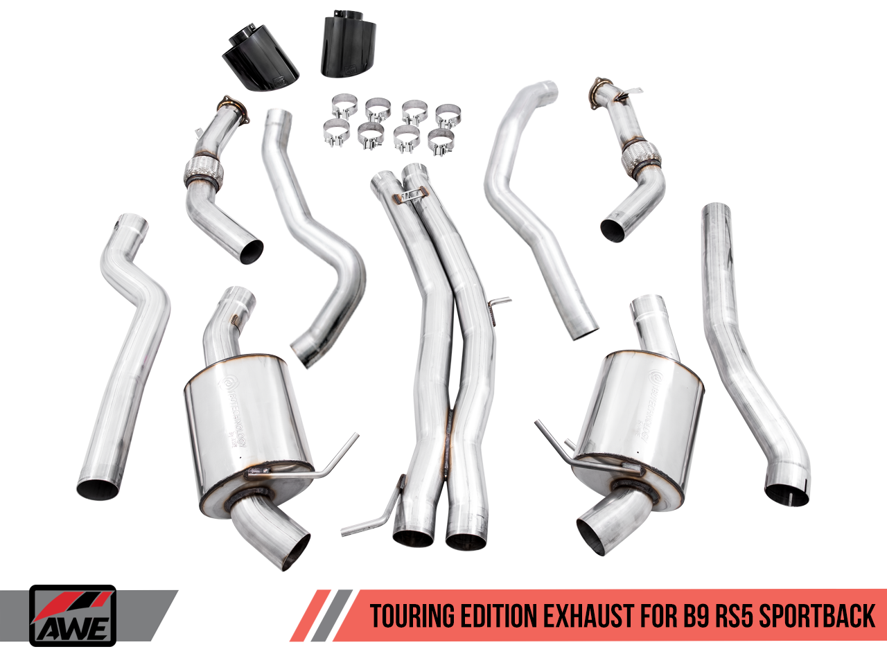 AWE Touring Edition Exhaust for Audi B9 RS 5 Sportback - Resonated for Performance Catalysts - Diamond Black RS-style Tips