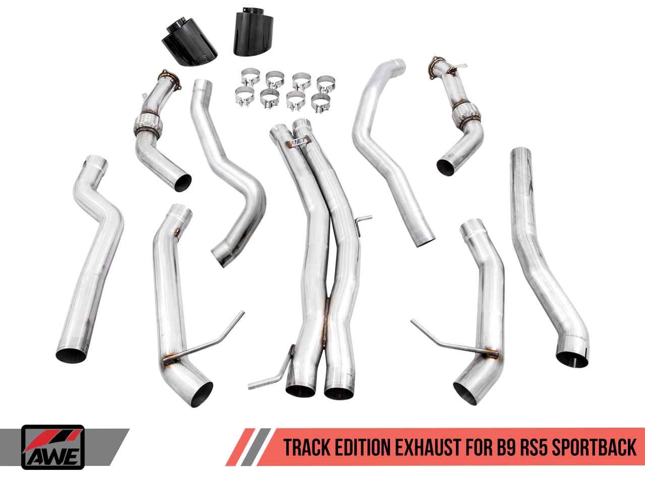 AWE Track Edition Exhaust for Audi B9 RS 5 Sportback - Resonated for Performance Catalysts - Diamond Black RS-style Tips