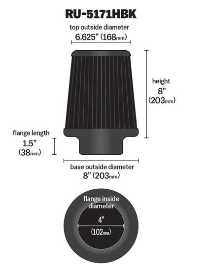 K&N Universal Rubber Filter-Round Tapered 4in Flange ID x 8in Base OD x 6.625in Top OD x 8in H - 0