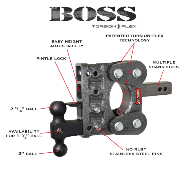 The BOSS TORSION-FLEX 2" Shank 10" Drop 1.1K TW 10K Hitch & GH-031 Dual-Ball & GH-032 Pintle Lock - 0