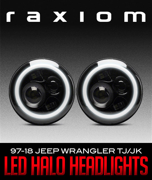 Raxiom 97-18 Jeep Wrangler TJ/JK Axial Halo Headlights w/ DRL Amber Signals- Blk Hsng (Clear Lens)