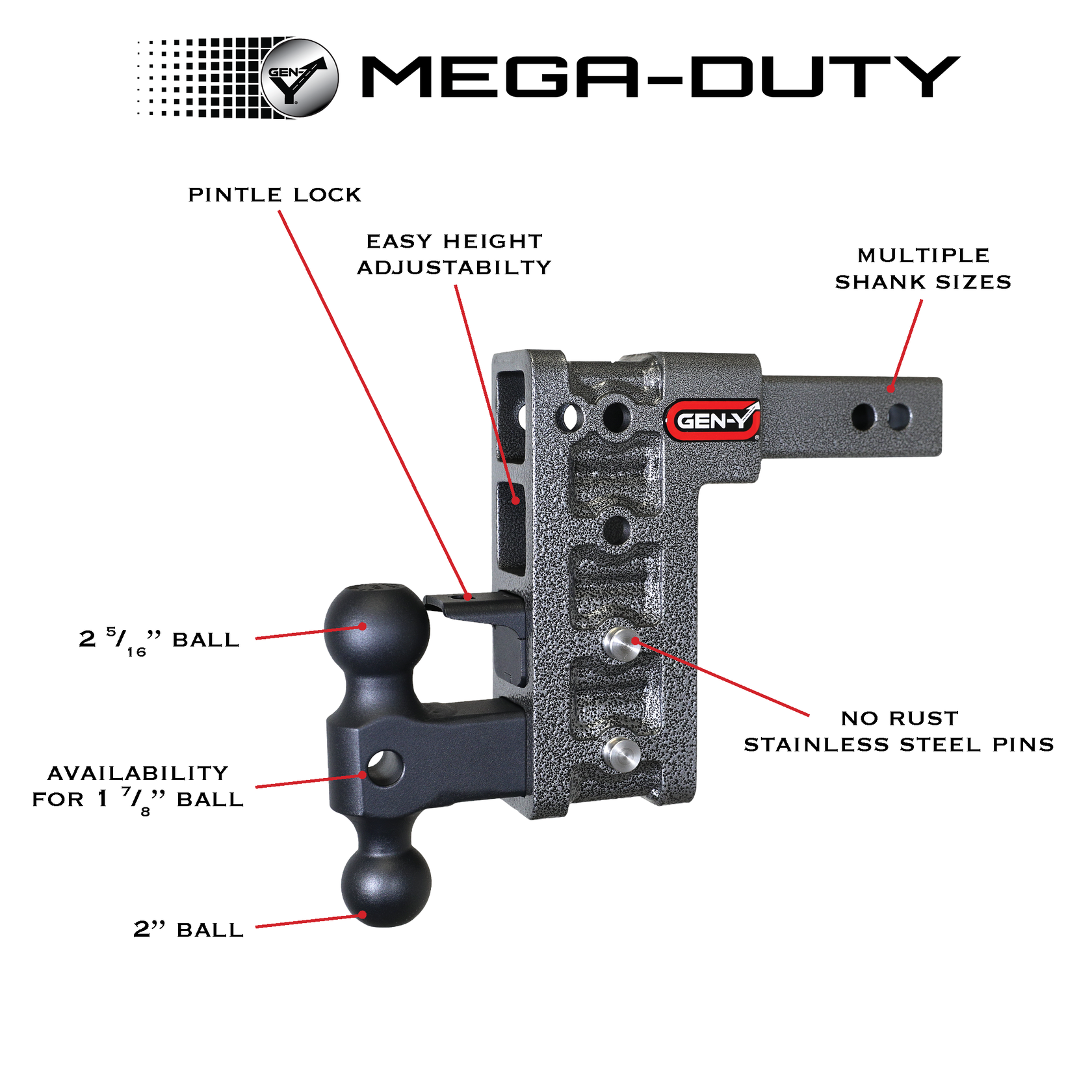 Gen-Y Mega Duty 2in Offset Shank 7.5in Drop 2K TW 10K Hitch w/GH-031 Dual-Ball/GH-032 Pintle Lock - 0