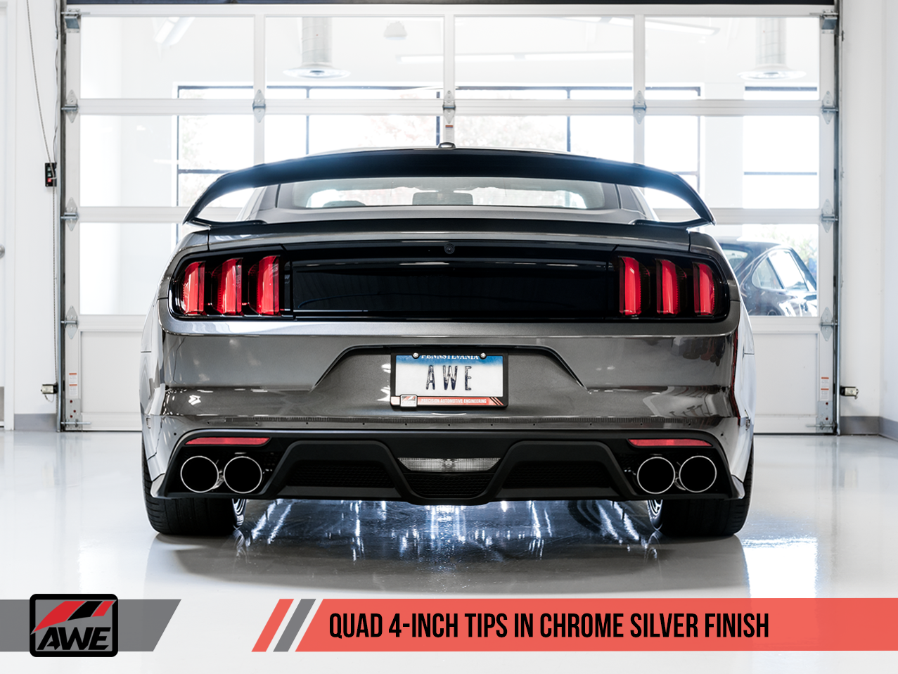 AWE Track Edition Cat-back Exhaust for 15-17 S550 Mustang GT - Quad Outlet - Chrome Silver Tips (MPC Valance) - 0