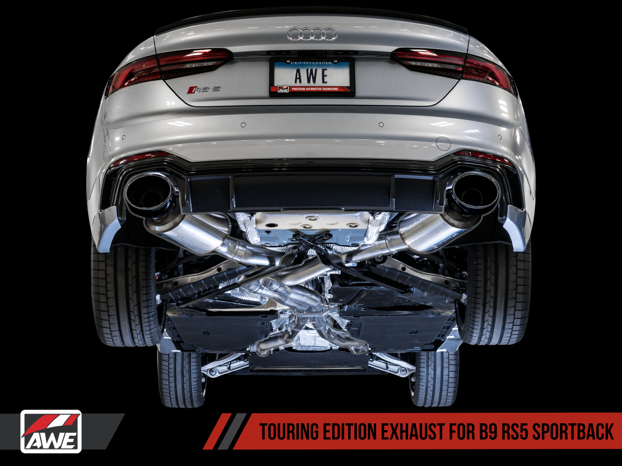 AWE Touring Edition Exhaust for Audi B9 RS 5 Sportback - Resonated for Performance Catalysts - Diamond Black RS-style Tips