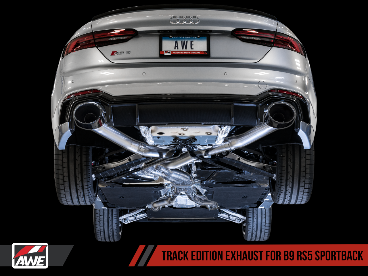 AWE Track Edition Exhaust for Audi B9 RS 5 Sportback - Resonated for Performance Catalysts - Diamond Black RS-style Tips